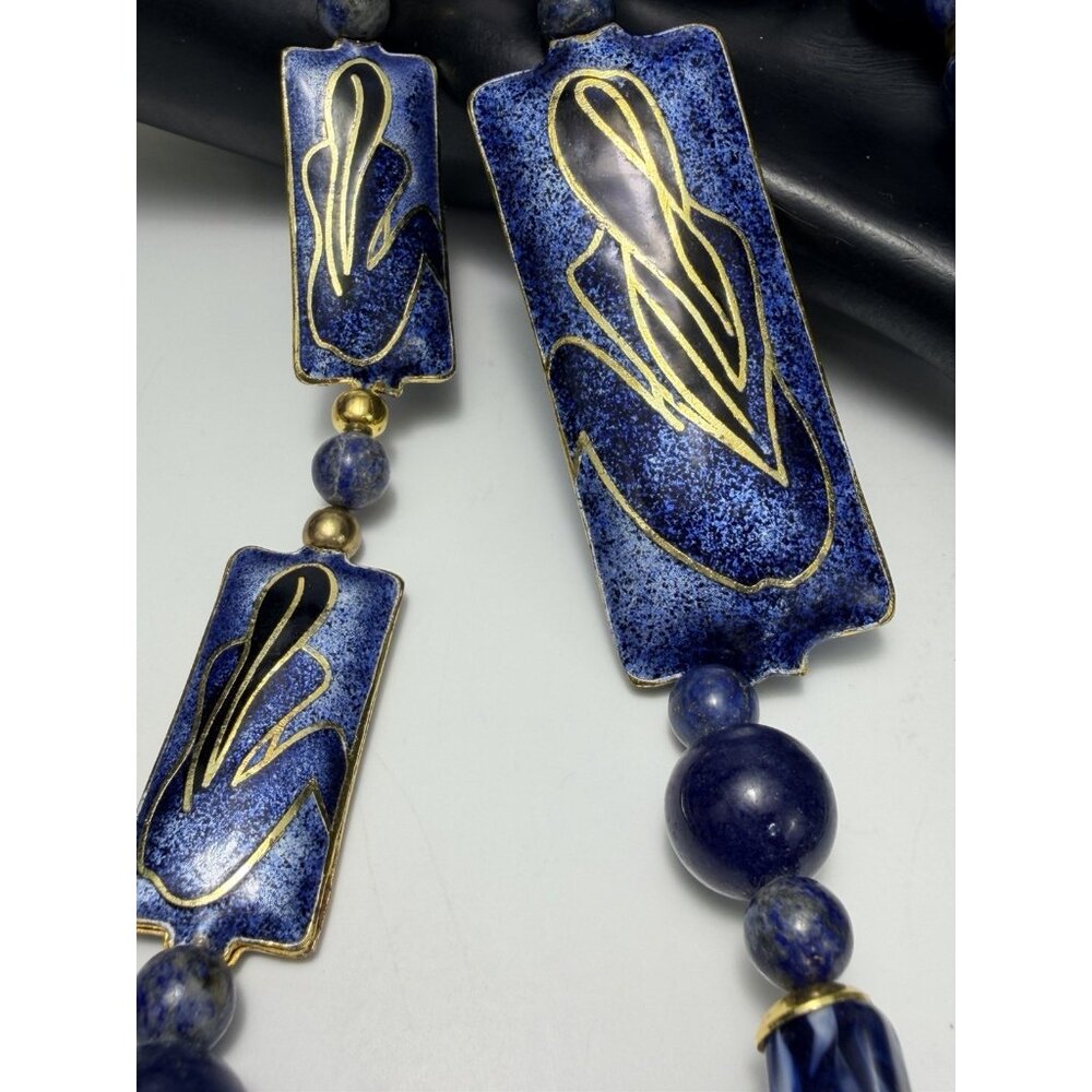 Unique Artisan Lapis Lazuli Beaded Necklace Enamel Panels Toggle Clasp - Picture 9 of 9
